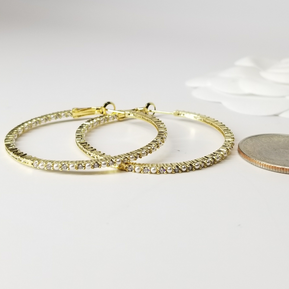 NEW Gold Pave CZ Diamond Pearl Hoop Earrings - Picture 8 of 8